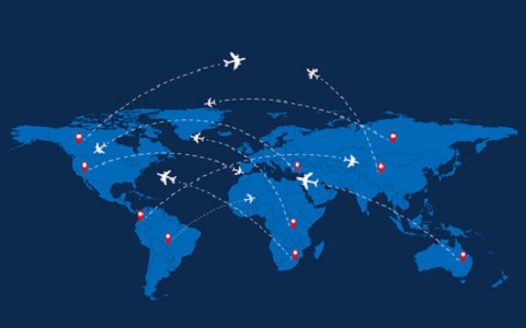 World travel map with airplanes. Vector illustration.