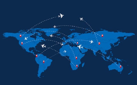 World travel map with airplanes. Vector illustration.