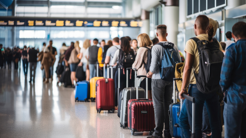 many people waiting in long queues at the airport before boarding a plane - traveling concept