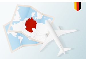 Travel to Germany, top view airplane with map and flag of Germany. Travel and tourism banner design.